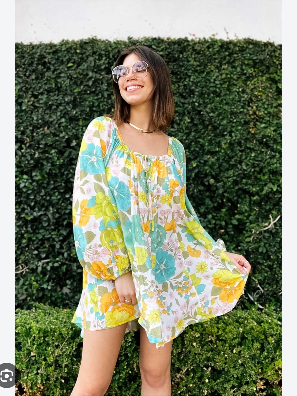Spell Floral lemonade mini dress  in Teal, Yellow & Cream -citrus
